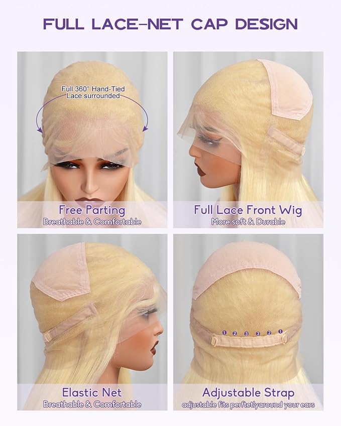 Real Full Lace Human Hair Wigs 613 Lace Front Wig Human Hair 180 Density Body Wave HD Full Lace Blonde Wig Plucked Bleached Knots Breathable Full Scalp Wig for Women 30Inch