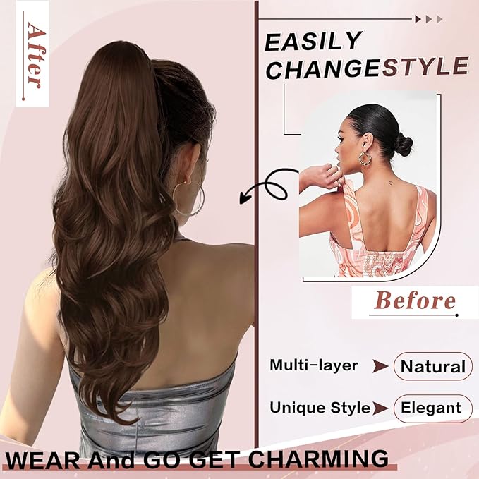 Ponytail Extension, Drawstring Ponytail Extension for Women 23 Inch Long Brown Wavy Pony Tails Hair Extensions Synthetic Clip in Ponytail Hairpiece for Women