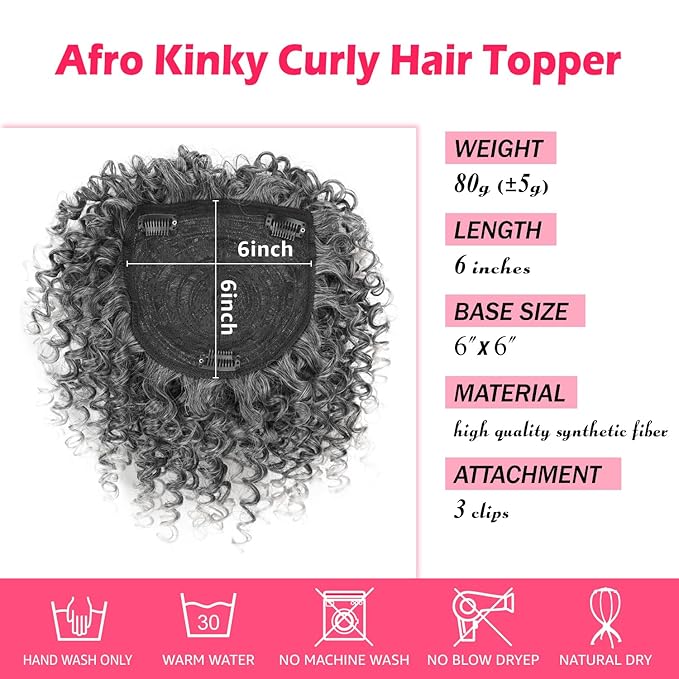 Natural Afro Kinky Curly Short Hair Toppers with Bangs Black Clip in Synthetic Wiglets Hair Pieces for Men and Women with Thinning Hair Instant Volume and Style(1B/Gray)