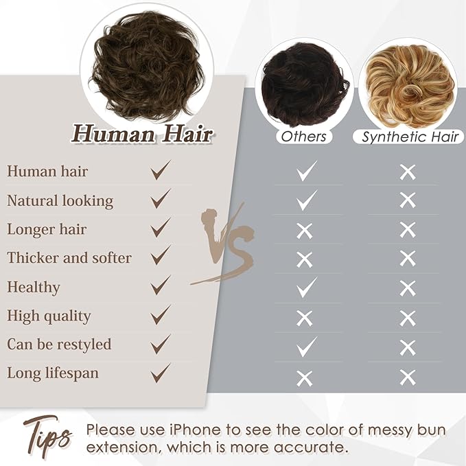 RUWISS Large Messy Bun Hair Piece for Women 100% Human Hair Layered Wavy Curly Hair Buns Thick Updo Hairpiece for Daily Wear Scrunchies Ponytail Extension (Natural Medium Brown)