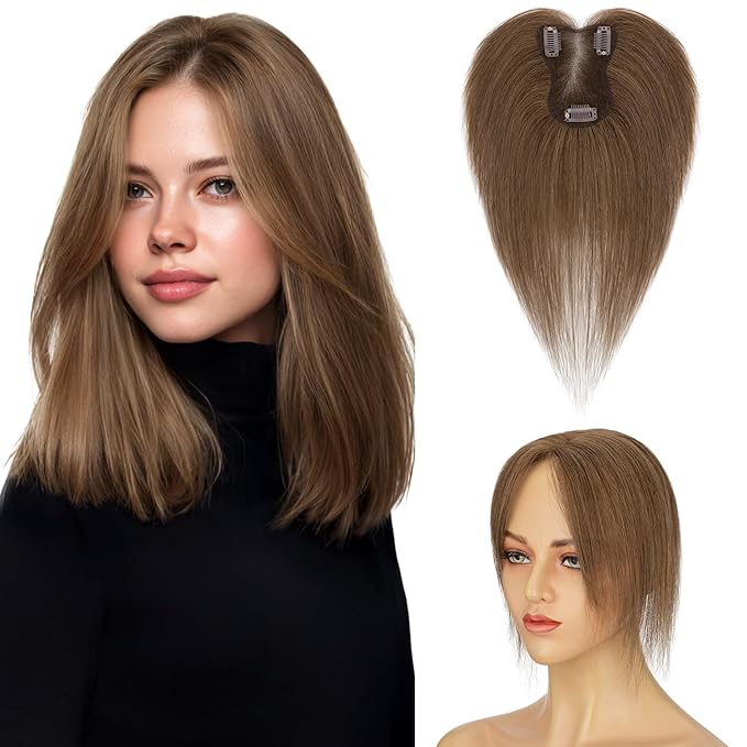 Human Hair Topper with Bangs for Women, 360° Cover Clip in Curtain Bangs Hair Toppers Hair Piece Medium Brown-3.15x4.33 Hand-tied Base (Medium Brown)