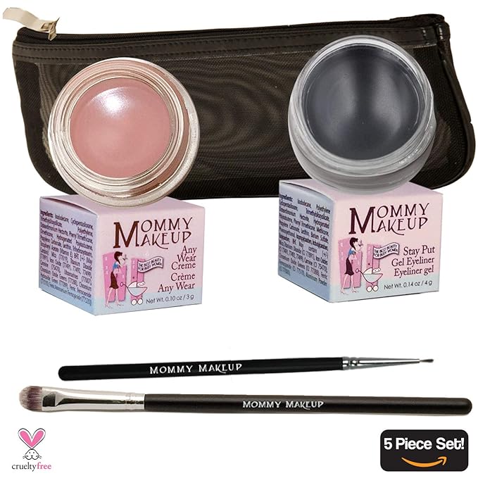 The Everlasting Eye 5 Piece Waterproof Makeup Set. Gel Eyeliner, Creme Eyeshadow, 2 brushes and Mesh Bag. Paraben-free, Talc-free, Cruelty-free. Anna/Black Beauty 1201