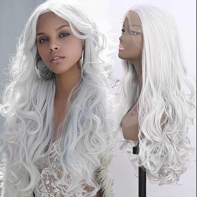 Long Silver Synthetic Lace Front Wig Heat Resistant Body Wave Lace Front Wavy Wigs Free Part Natural Hair Wig for Women 24 Inch Fashion Glueless (24 Inch)