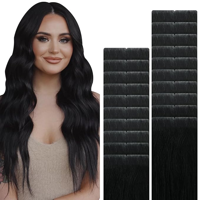 VINBAO Invisible Tape in Hair Extensions Human Hair 45g 20pcs Jet Black Seamless Injected Tape in Extensions Real Human Hair Seamless Pro Invisible 16inch #1