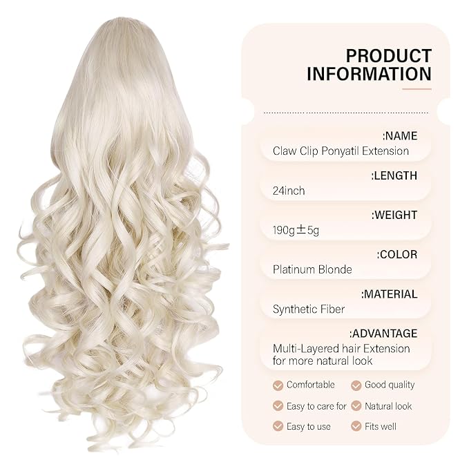 24 Inch Ponytail Extension, Layered Ponytail Extensions for Women, Soft Wavy Claw Clip in Ponytail Extension, Natural Synthetic Hair Pieces for Women (Color: Platinum Blonde)