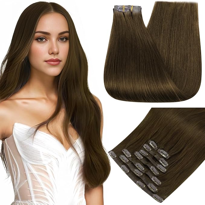 Full Shine Seamless Clip in Hair Extensions Human Hair Mocha Brown Human Hair Extension Clip ins Brown Straight Soft Hair for Women 18 Inch 8 PCS 120 G