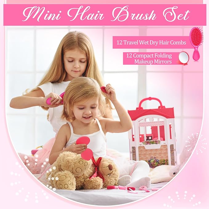 Meanplan 24 Pcs Mini Hair Brush Set 12 Travel Wet Dry Hair Combs Pocket Detangling 12 Compact Folding Makeup Mirror for Spa Sleepover Birthday Bridal Shower Bachelorette Christmas Party Gift(Rose Red)