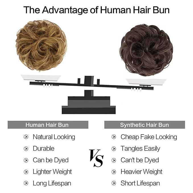 FESHFEN Human Messy Buns - 100% Human Hair Bun Real Scrunchies Hair Pieces Ponytail Extensions Wavy Tousled Updo Chignon Hairpieces for Women，Light Brown Mixed Blonde