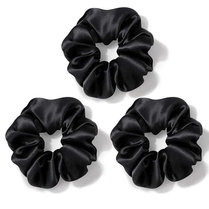 Zenssia Silk Scrunchies for Hair, Mulberry Silk Hair Ties for Women and Girls, No Damage Elastic Ponytail Holders（Black, 3 Pack）