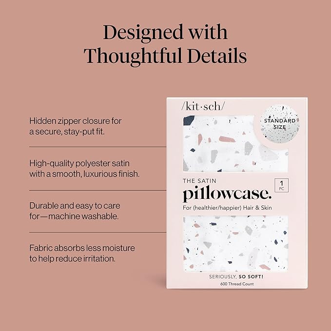 Kitsch Satin Pillowcase with Zipper for Hair & Skin, Softer Than Silk Pillow Cases Queen, Wrinkle-Free, Smooth and Cooling Satin Pillow Covers, Standard Size 19"x26", White Terrazzo
