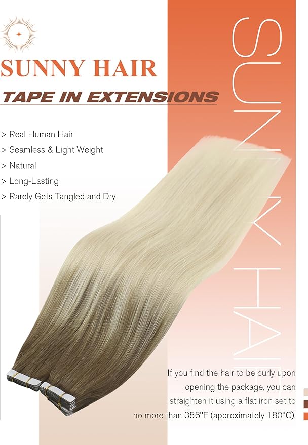 Sunny Hair Tape in Hair Extensions Real Human Hair Invisible Remy Hair Extensions Tape ins for Women Light Brown Root to Platinum Blonde Balayage 12 inch 20Pcs