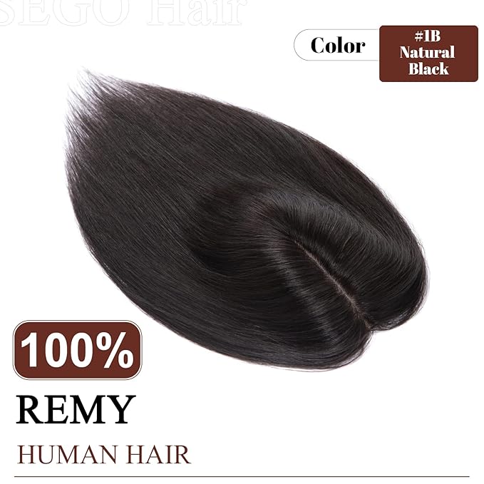 SEGO Real Human Hair Topper for Women, No Bangs Hair Topper with Anti-Slip Clips (10 Inch#1B Natural black)