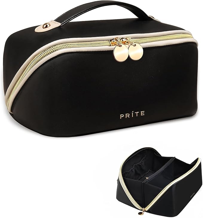 Prite Makeup Bag for Women Travel Waterproof Vegan Leather Cosmetic Bag Open Flat Toiletry Bag With Clear Divider and Handle (Large Black)
