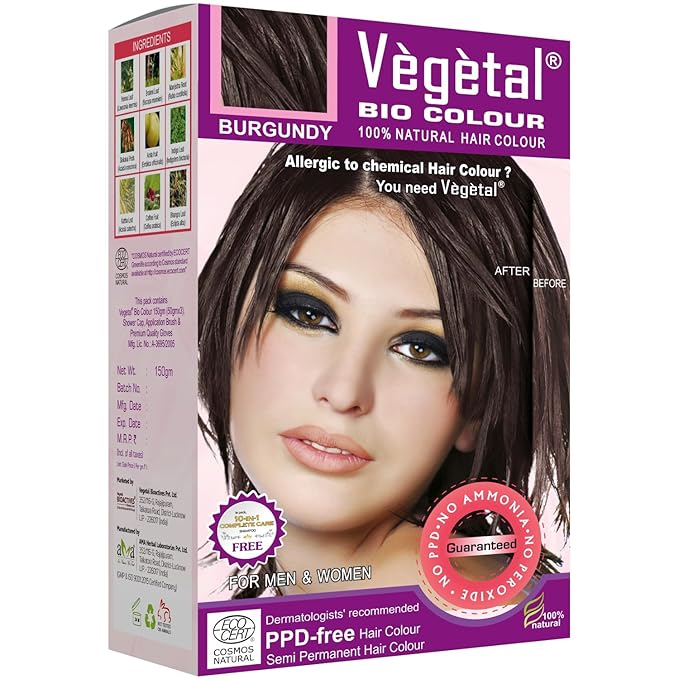 Vegetal Bio Colour Burgundy 150g, 100% Herbal and Organic Hair Color, Ammonia-Free, PPD-Free, Semi-Permanent Dye for Men and Women, Protects UV and Maintains Luster, Complete Kit Included