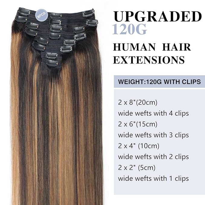 Balayage Clip in Hair Extensions Real Human Hair Straight Remy Human Hair Clip ins for Women, Natural Soft Human Hair, 8Pcs 120g, 22inch #1B/6/1B Balayage Natural Black to Chestnut Brown