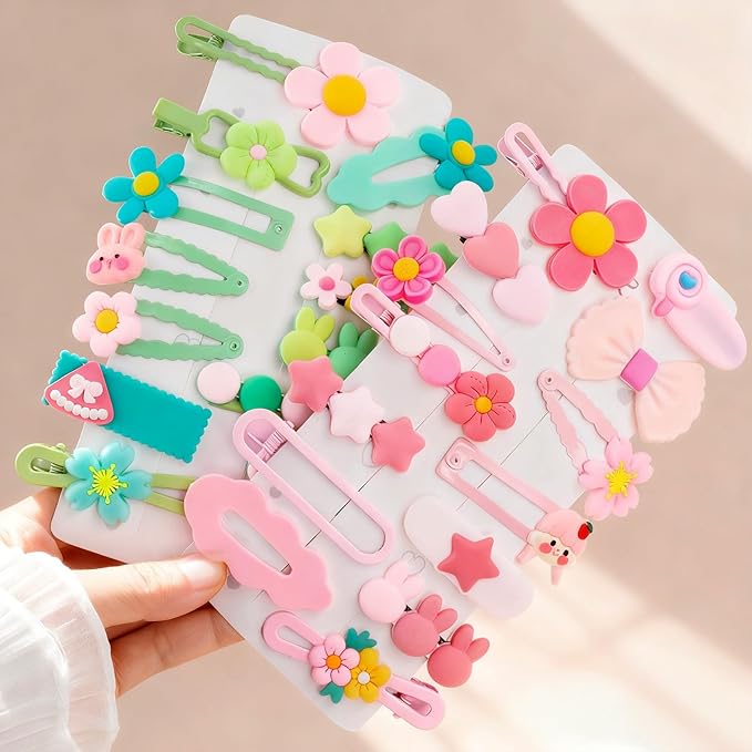 28pcs Cute Candy Hair Clip, Non-Slip Snap Clip for Teen Women, Star Flower Muti-Shape Hairpin Cute Barrettes Hair Accessories for Thin Thick Long Short Hairstyles- Pink & Green