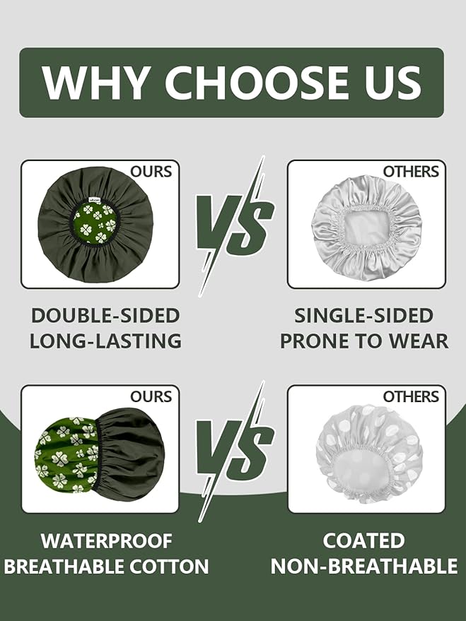 Years Calm Shower Caps For Women Reusable Waterproof，Pattern And Solid Color Dual-Layer Design For Dual-Layer Usable，Protects Hair In Shower, Spa, Cooking, Clean & Travel (Green, One Size)