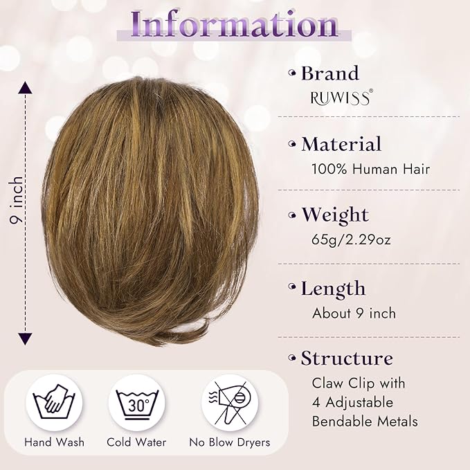 RUWISS Claw Clip Short Human Hair Ponytail Extension with Bendable Metals for DIY Styles, Straight Messy Bun Hair Piece for Women Thick Hairpieces for Daily Wear, 9 Inch Brown with Blonde Highlight