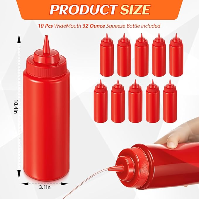 10 Pcs 32 oz Squeeze Bottle Large Plastic Wide Mouth Squeeze Bottles for Condiment Sauces Chocolate Ketchup Mustard BBQ Grill Restaurant (Red)