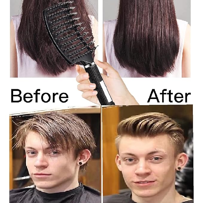 Voremy Magical Brush Detangler & Flat Hair Comb Set, Natural Boar Bristle Hair Brush Ultra Soft For All Hair Types - For Women, Men, Thick And Curly Hair (2 Pack)