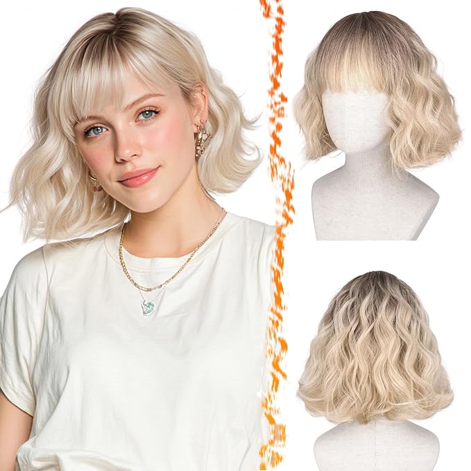 BARSDAR Blonde Ombre Short Wavy Wig with Bangs - Short Wavy Blonde Ombre Wig for Women - Fluffy Soft Synthetic Dark Roots Curly Textured French Bob Wigs with Bangs Natural Looking Face-Framing