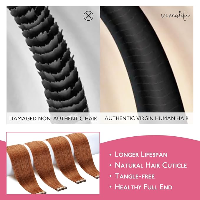 WENNALIFE Tape in Hair Extensions Human Hair Dirty Ginger Tape in Extensions, 10pcs 25g 18inch Remy Invisible Tape Ins Straight