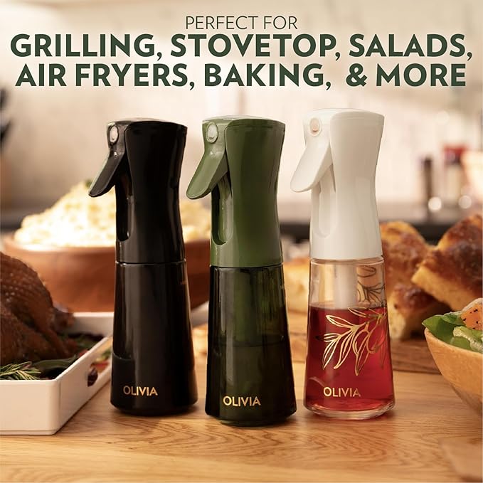 FLAIROSOL OLIVIA Oil Sprayer for Cooking, 2 Pack 200ML Glass Olive Oil Sprayer, Continuous Cooking Spray Dispenser with Portion Control for Kitchen Air Fryer, Salad, BBQ, White