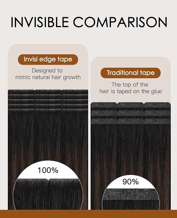 VINBAO Invisible Tape in Hair Extensions Human Hair, 45g 20pcs Natural Black to Chocolate Brown Seamless Injected Tape in Hair Extensions Hand Tied PU Weft 16inch #1BT4