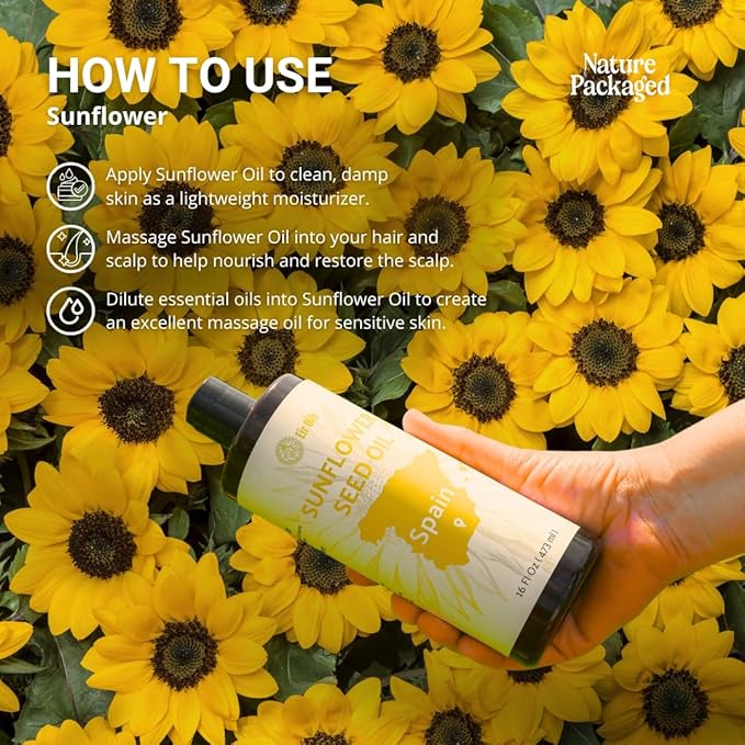 Nature Packaged Sunflower Carrier Oil (1Gal) - Direct from EIR Oils' Farmland in the Sunny Fields of Spain - 100% Pure Carrier Oil for Hair, Face, and Skin