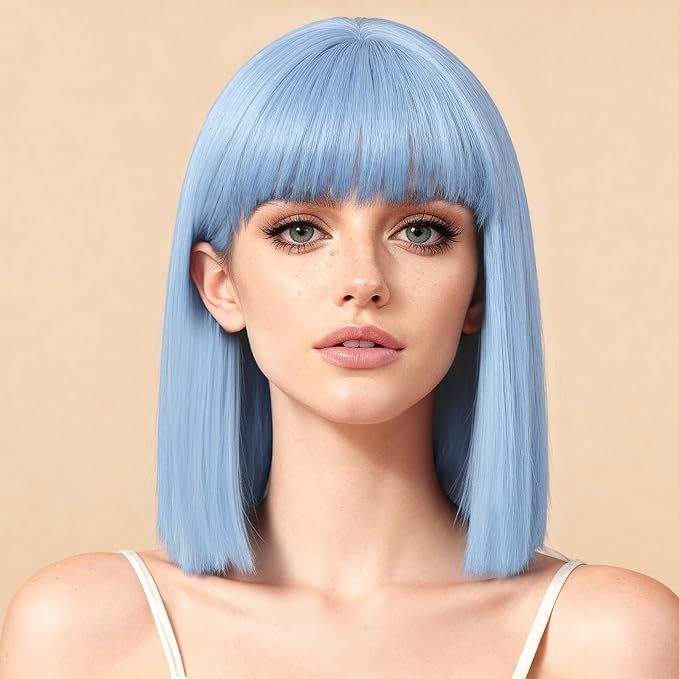 Allbell Light Blue Wigs for Women Short Bob with Bangs Heat Resistant Synthetic Hair 12 inch for Daily Party Halloween Costume Use