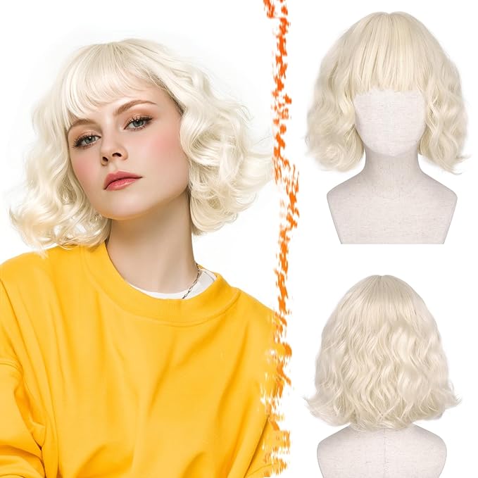 BARSDAR Short Wavy Platinum Blonde Wig with Bangs - Short Wavy Platinum Blonde Wig for Women - Textured Curly Chic French Bob Wigs with Face-Framing Bangs Soft Synthetic Natural Looking