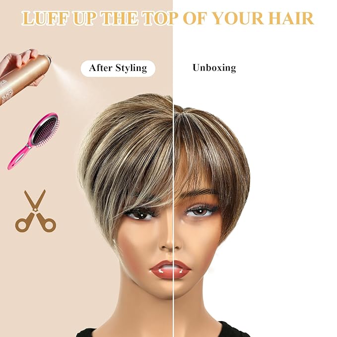 QUEENTAS Short Hair Toppers for Women with Thinning Hair Large Full Coverage with 5 Clips Hair Pieces Wispy Bangs(Brown Highlight Blonde)