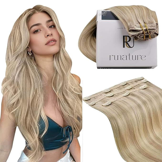 RUANTURE Clip in Human Hair Extensions, Blonde Highlight Real Human Hair Clip in Extensions, Remy Natural Hair Soft Add Hair Volume, 14 Inch 50g 3pcs #16/22 Beige Blonde