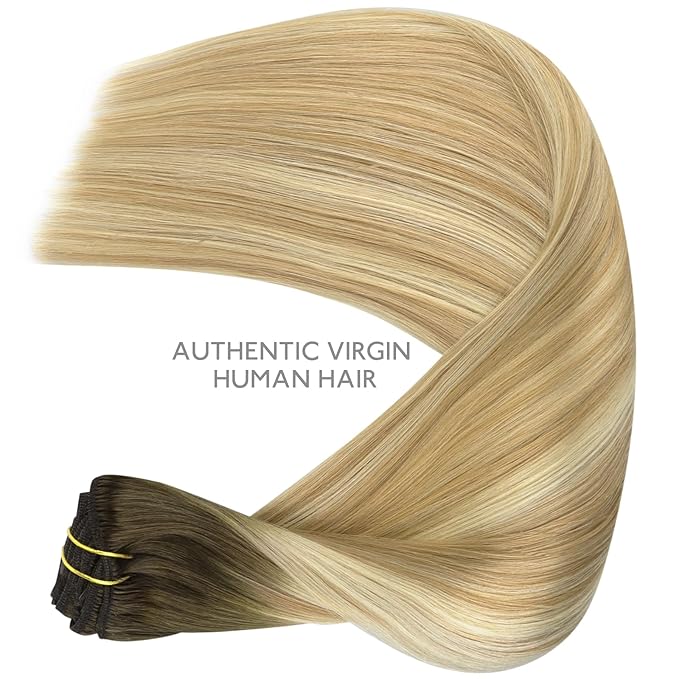 WENNALIFE Clip in Hair Extensions - Real Human Hair, 24 Inch 120g 7pcs, Balayage Light Ash Brown to Light White Blonde