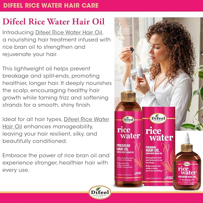 Difeel Rice Water Premium Hair Oil 8 oz. - Strengthening Rice Water Moisturizer for Hair