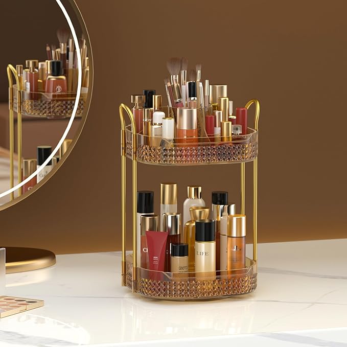 Awenia Rotating Makeup Organizer 360, Stackable Adjustable Large Capacity Cosmetic Storage Unit,Dresser Bathroom Kitchen Countertop Organizer with Metal Handle, Plus Size (Honorable Gold, 2 Tier)