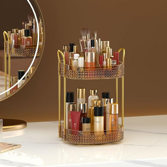 Awenia Rotating Makeup Organizer 360, Stackable Adjustable Large Capacity Cosmetic Storage Unit,Dresser Bathroom Kitchen Countertop Organizer with Metal Handle, Plus Size (Honorable Gold, 2 Tier)