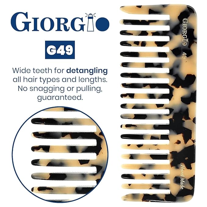 Giorgio G49 White Tokio, Large 5.75 Inch Detangling Comb, Wide Teeth for Thick Curly Wavy Hair. Long Hair Detangler Comb For Wet and Dry. Handmade of Quality Cellulose, Saw-Cut, Hand Polished