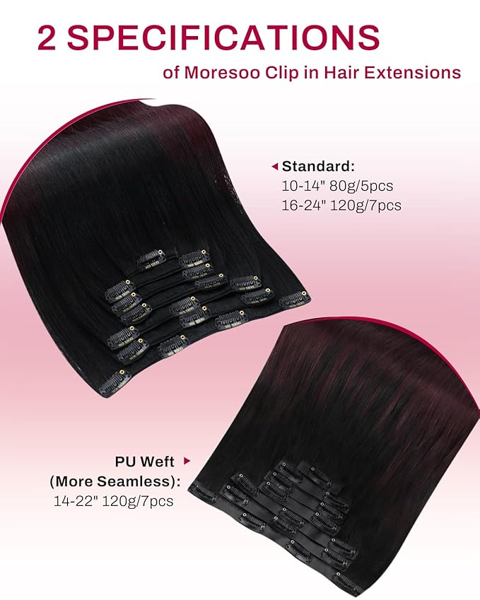 Moresoo Dark Red Clip in Hair Extensions Human Hair Black to Burgundy Balayage for Women Ombre Natural Black to Deep Red Hair Extensions Clip ins Short 10inch Double Weft 80g/5pcs