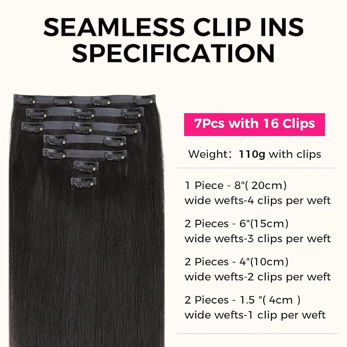 Lashey Seamless Clip in Hair Extensions Human Hair 7pcs 110g Light Yaki Straight Clip ins with PU Weft 22 Inch Natural Black Human Hair Clip in Extensions for Women