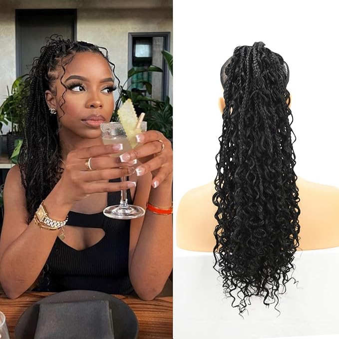 Drawstring Ponytail for Women 18 inch Boho Box Braids with Long Wavy Hair Clip in Ponytail Extension Synthetic Hair Extensions Ponytail for Daily Use (1B#, 18 Inch)