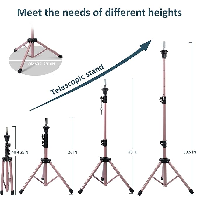 Klvied Wig Stand Tripod Upgraded, Mannequin Head Stand Double Locking, Reinforced Metal Wig Head Stand with Tool Tray, Rose Gold (53.5 Inches)