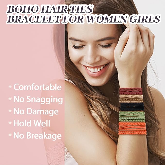 JIIRS 20PCS Boho Hair Ties,Elastic Bracelets,Elastic Hair Ties, Hair Bands For Ponytails,Ponytail Holder for Thick or Thin Hair,Boho Hair Bracelets No-Damage For Daily Life, Sport, Working(Set8)