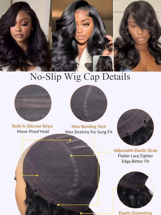 Julia Hair Bye Bye Slip Wig Feathered Layer Side Part Human Hair Wig 200% Density 7X5 Pre Cut Lace Closure Loose Body Wave Wigs Pre Everything Glueless with Secure Silicone Strips Drawstring 16 Inch