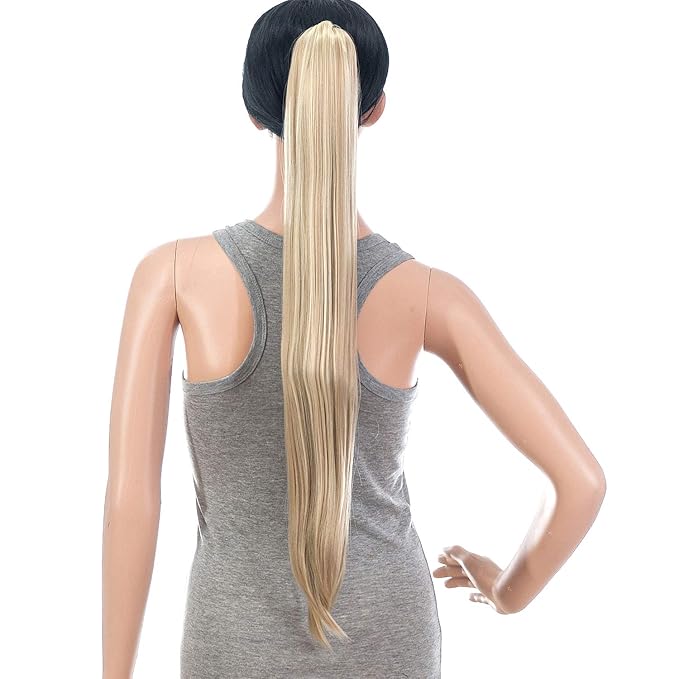 SWACC 28-Inch Long Straight Claw Clip Ponytail Extensions Synthetic Hair Extensions Ponytail Jaw Clip Hair Pieces for Women (Dark Honey Blonde/Bleach Blonde Highlights-16H613)
