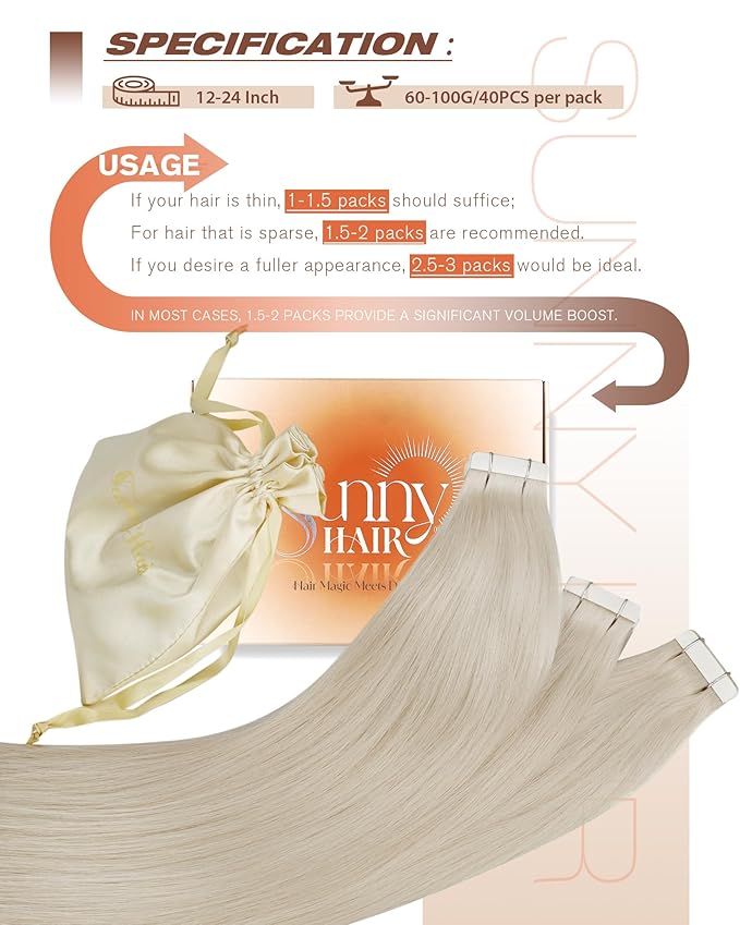 Sunny Hair Tape in Hair Extensions Human Hair 16inch Hair Extensions Real Human Hair Tape in Extensions for Women Platinum Blonde Invisible Natural Straight Skin Weft Double Sided Tape 40pcs 100g