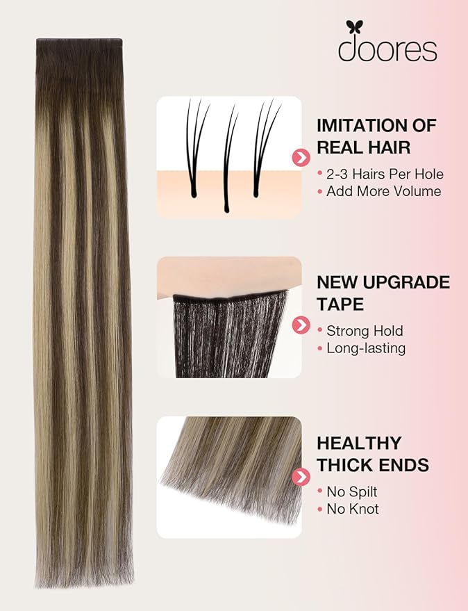 DOORES Invisi Edge Tape in Wide Hair Extensions Human Hair, Chocolate Brown to Honey Blonde 4PCS Injection Tape ins 20g 18 Inch, Virgin Human 3 Inch Wide Injected Extensions Invisible