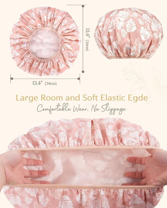 Yanibest Shower Cap Reusable Waterproof - Double Layer Shower Caps for Women, Washable Shower Bonnet with Soft Non-Slip Elastic Band, Bath Hair Hat for Most Hair Types