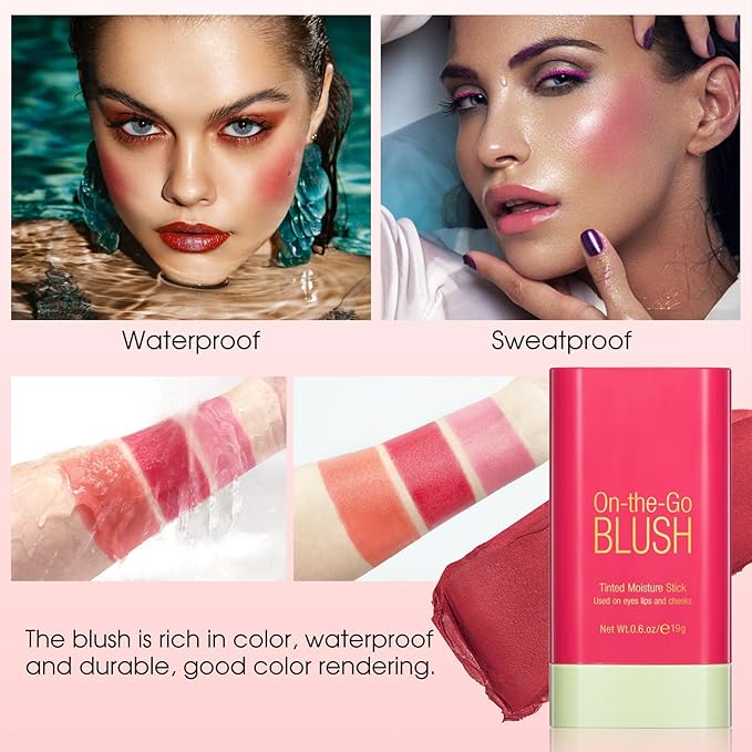 Blush Stick for Cheeks - Cream Makeup Blush Wand, Solid Moisturizer Stick for Cheeks Tint, Natural Blendable Waterproof Korean Matte Long-Lasting Smooth Blushes (#02 Hot Red)