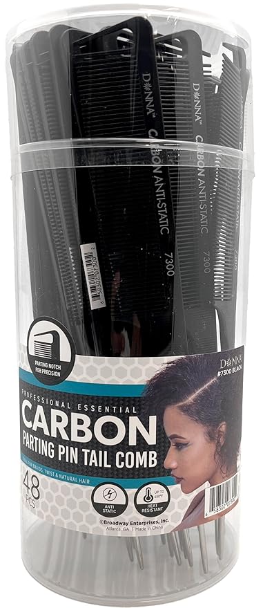 Donna Professional Essential Carbon Parting Pin Tail Comb – 48 Pack Heat Resistant & Anti-Static Combs with Metal Pin Tail for Braids, Twists & Natural Hair Sectioning – Black